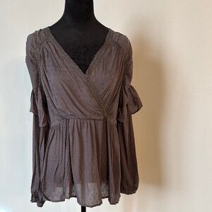 NWT Entro Gray Ruffled Wrap Blouse with Bishop Sleeves